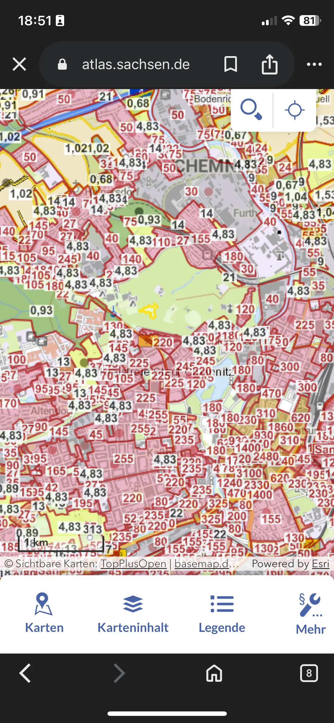 מפת Bodenrichtwerte – תצוגה אזורית